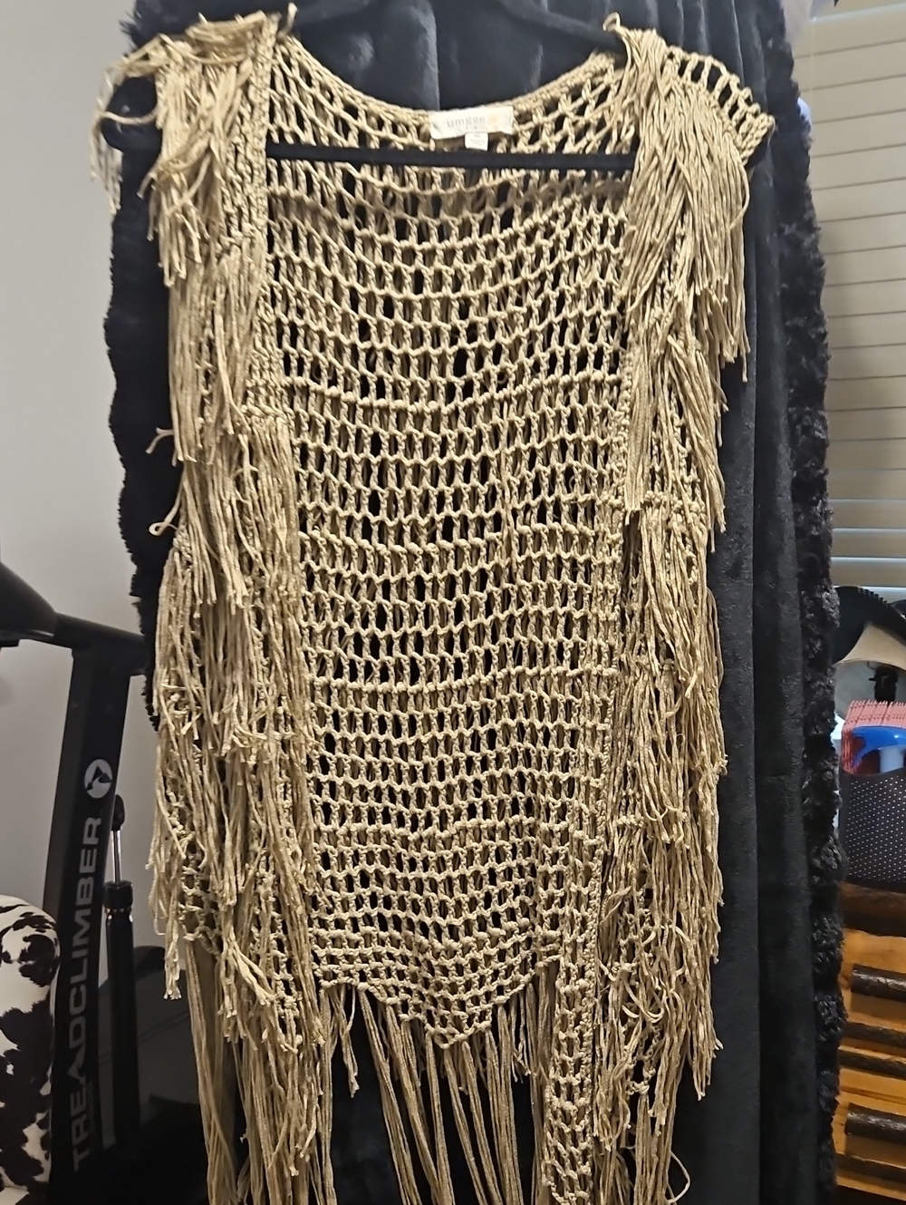 Umgee Beige Crochet Fringe Vest with Black Trim